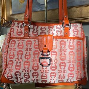 Etienne Aigner Shoulder Bag Purse Canvas Leather Logo Print Orange Cream